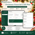 Image Alt Text: Christmas Financial and Gift Plan web application interface mockups on laptop and smartphone screens showing total budget, total spent, remaining budget, countdown timer, key features list, and privacy benefits.