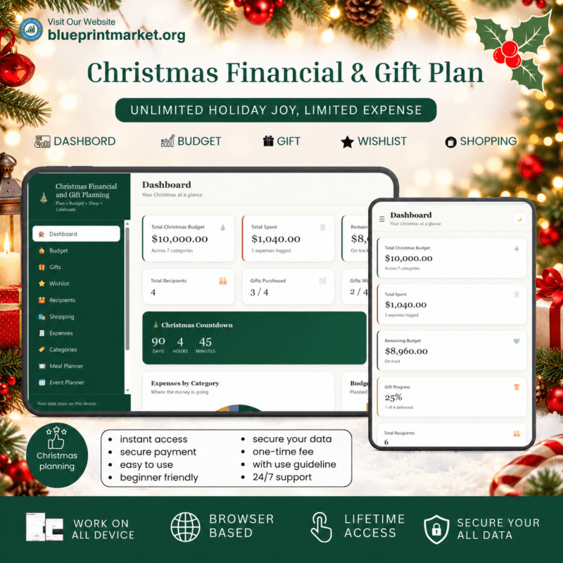 Image Alt Text: Christmas Financial and Gift Plan web application interface mockups on laptop and smartphone screens showing total budget, total spent, remaining budget, countdown timer, key features list, and privacy benefits.