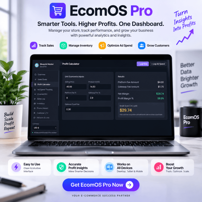 EcomOS Pro e-commerce operating system profit calculator showing COGS, platform fees, and net profit margins.