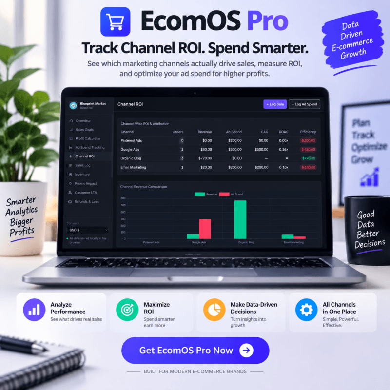 EcomOS Pro e-commerce operating system channel ROI dashboard comparing revenue and ad spend across marketing sources.