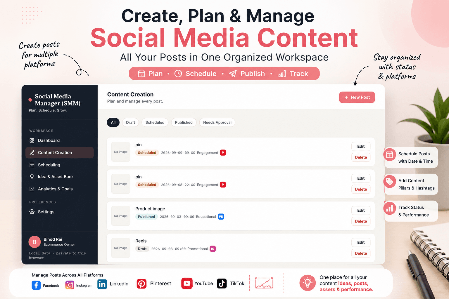Content creation interface of a Social Media Manager web application showing scheduled and published posts with platform tags like Facebook, Instagram, and Pinterest.