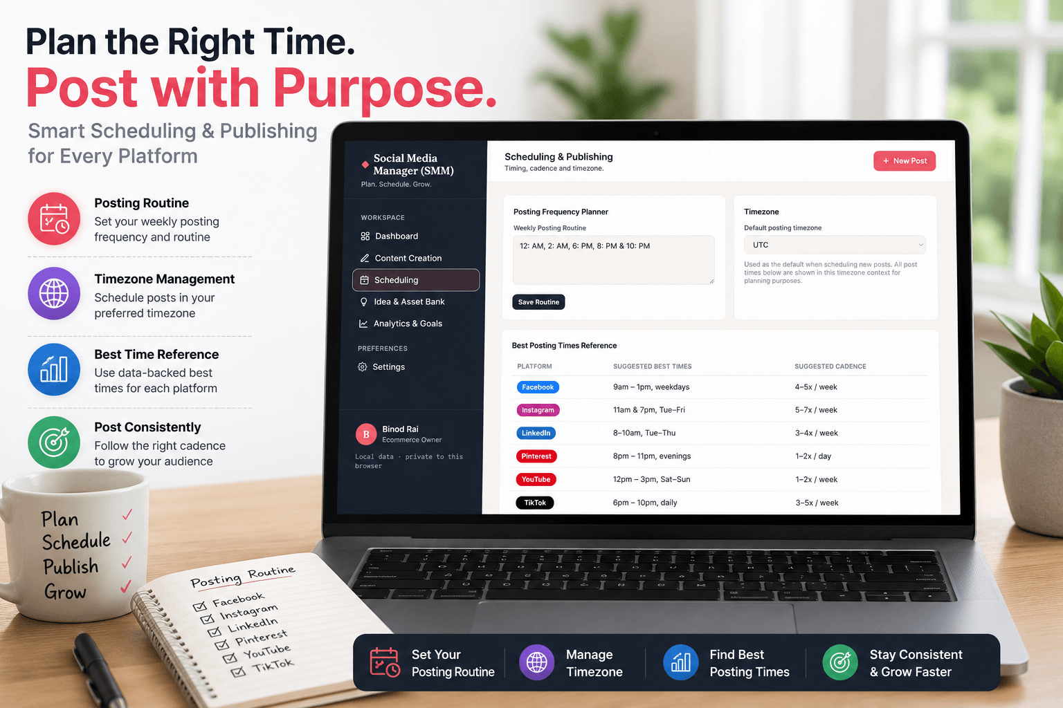 Scheduling and publishing dashboard on a laptop showing posting frequency settings, timezone controls, and recommended best posting times for major social platforms.