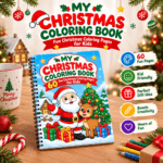 Spiral-bound My Christmas Coloring Book cover featuring Santa Claus, a cute reindeer, Christmas tree, and presents.