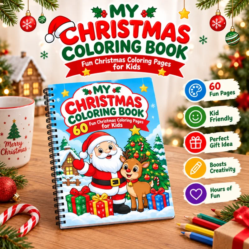 Spiral-bound My Christmas Coloring Book cover featuring Santa Claus, a cute reindeer, Christmas tree, and presents.