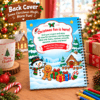 Back cover of My Christmas Coloring Book showing a cheerful snowman, gingerbread man, presents, and cozy snow cabin.