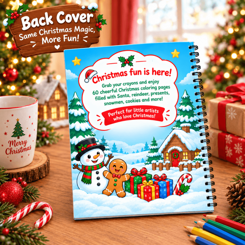 Back cover of My Christmas Coloring Book showing a cheerful snowman, gingerbread man, presents, and cozy snow cabin.