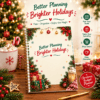 Back cover of Christmas Budget Planner featuring the tagline 'Better Planning, Brighter Holidays' surrounded by pine wreath and holiday ornaments.