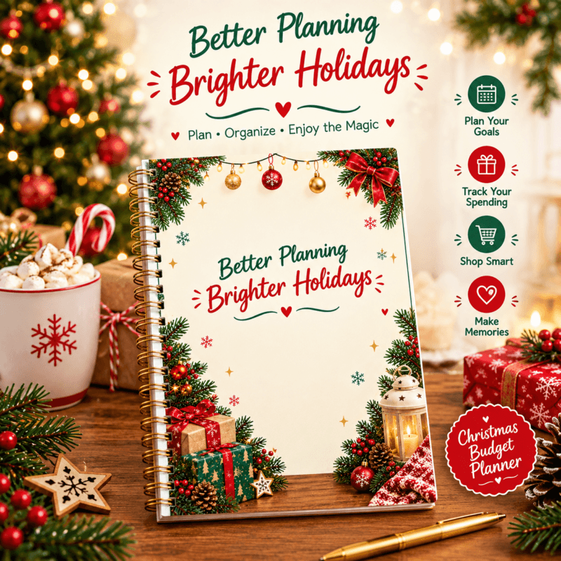 Back cover of Christmas Budget Planner featuring the tagline 'Better Planning, Brighter Holidays' surrounded by pine wreath and holiday ornaments.
