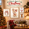 Set of cute Christmas wall art printables featuring a baby reindeer, polar bear with scarf, and Santa Claus hanging in a cozy living room.