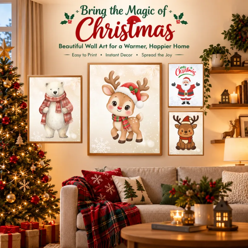 Set of cute Christmas wall art printables featuring a baby reindeer, polar bear with scarf, and Santa Claus hanging in a cozy living room.