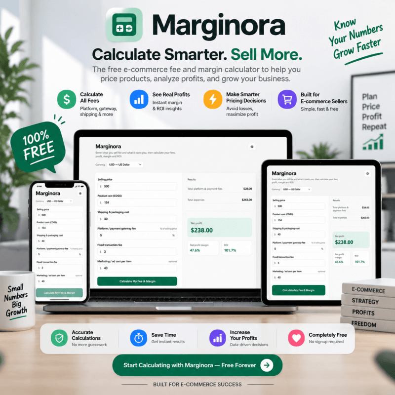 Marginora free e-commerce profit and fee calculator dashboard displayed across laptop, tablet, and smartphone screens.