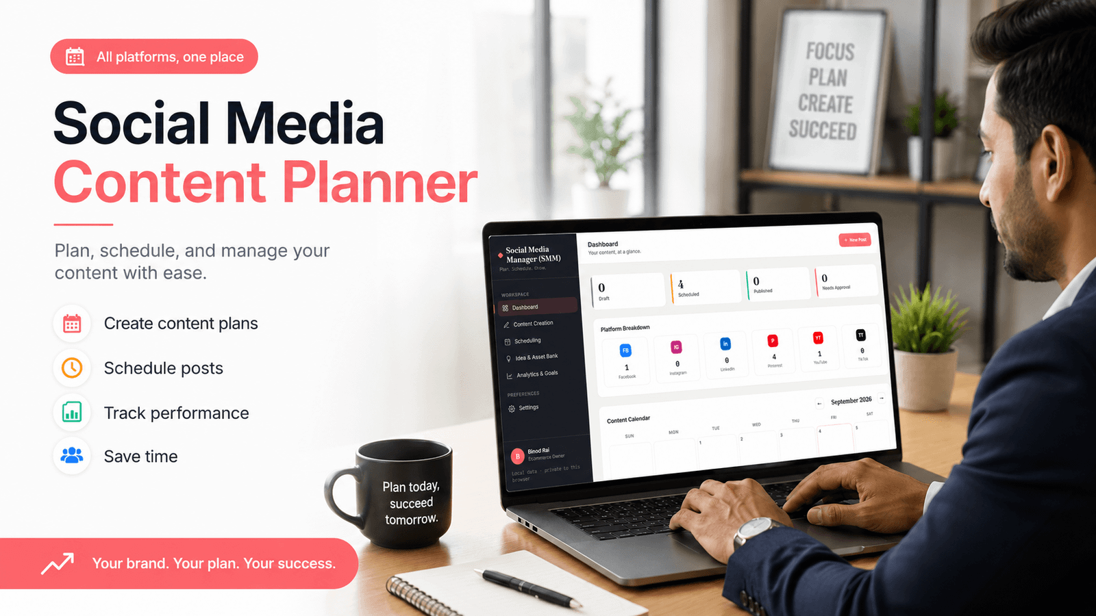 Social media content planner dashboard on laptop showing content schedule, analytics, and platform breakdown.
