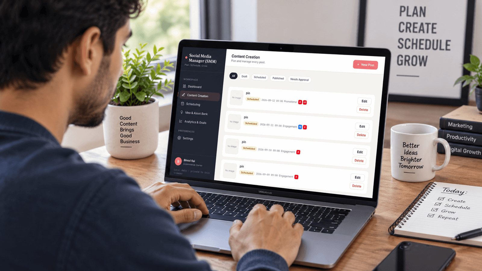 Man using a social media content planner to schedule and manage posts for Facebook, Instagram, and Pinterest.