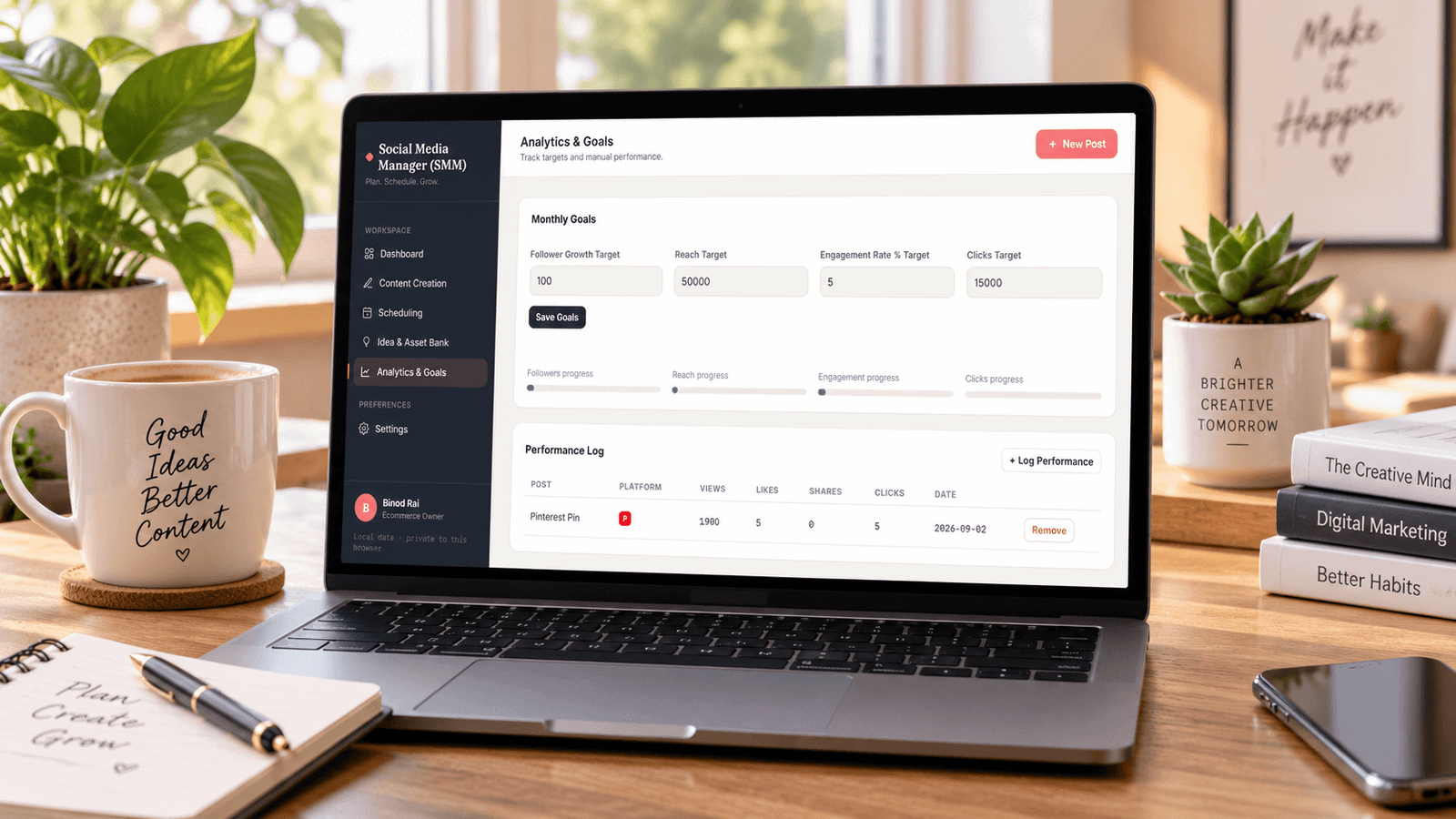 Social media content planner analytics tab tracking monthly follower growth target and post performance log.