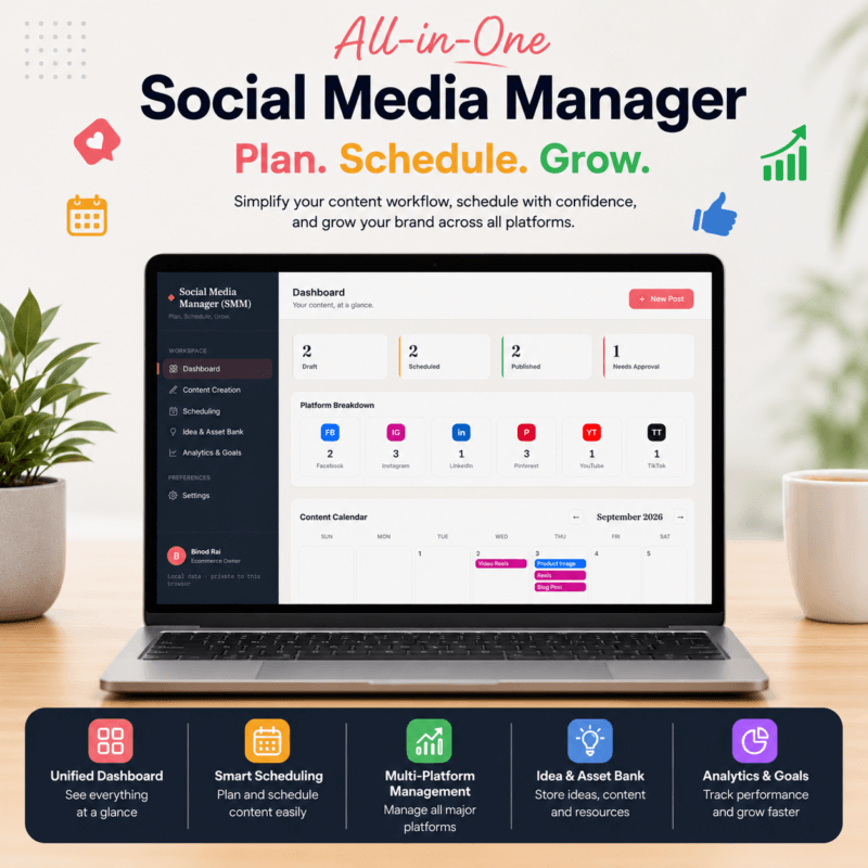 Social Media Content Planner web app dashboard showing content calendar and multi-platform analytics
