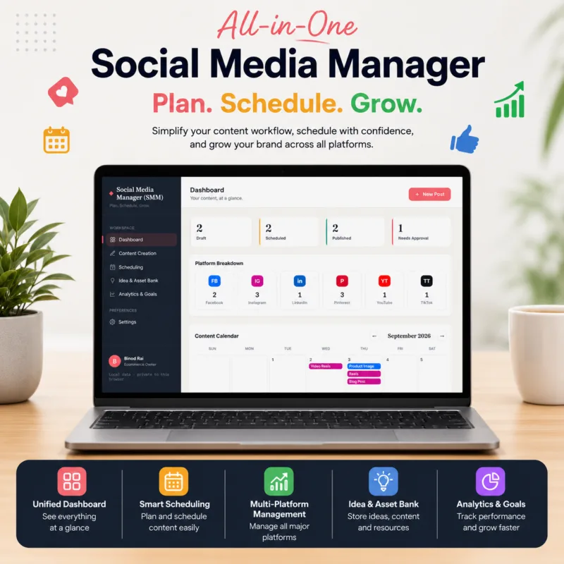 Social Media Content Planner web app dashboard showing content calendar and multi-platform analytics