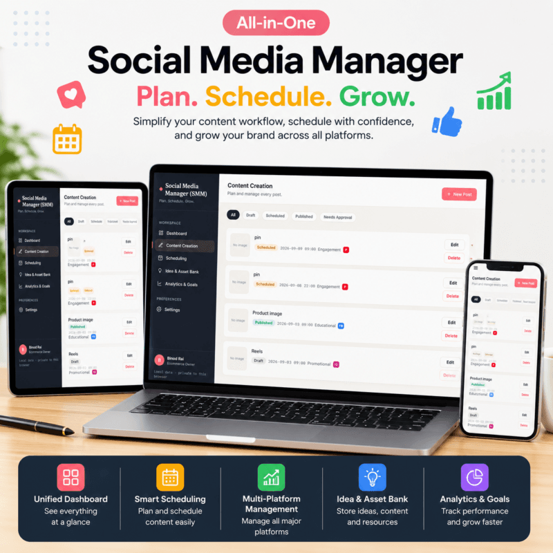 Social Media Content Planner content creation dashboard responsive on laptop, tablet, and smartphone