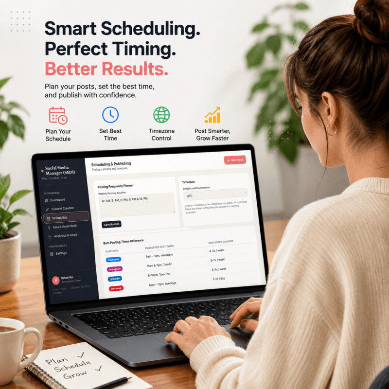 User setting posting schedules and timezones in the Social Media Content Planner on a laptop