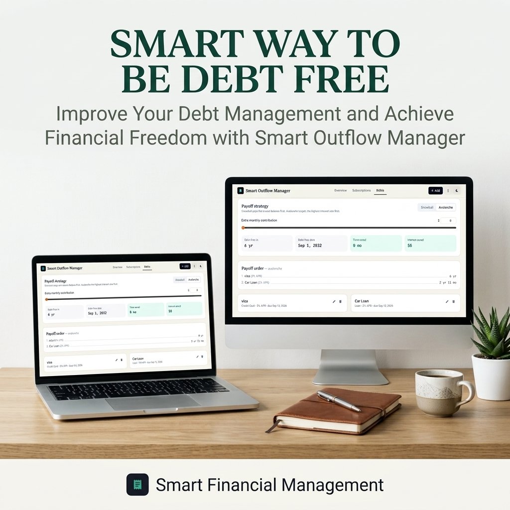 Smart Outflow Manager debt management dashboard displayed on both a laptop and desktop screen on a tidy desk workspace.
