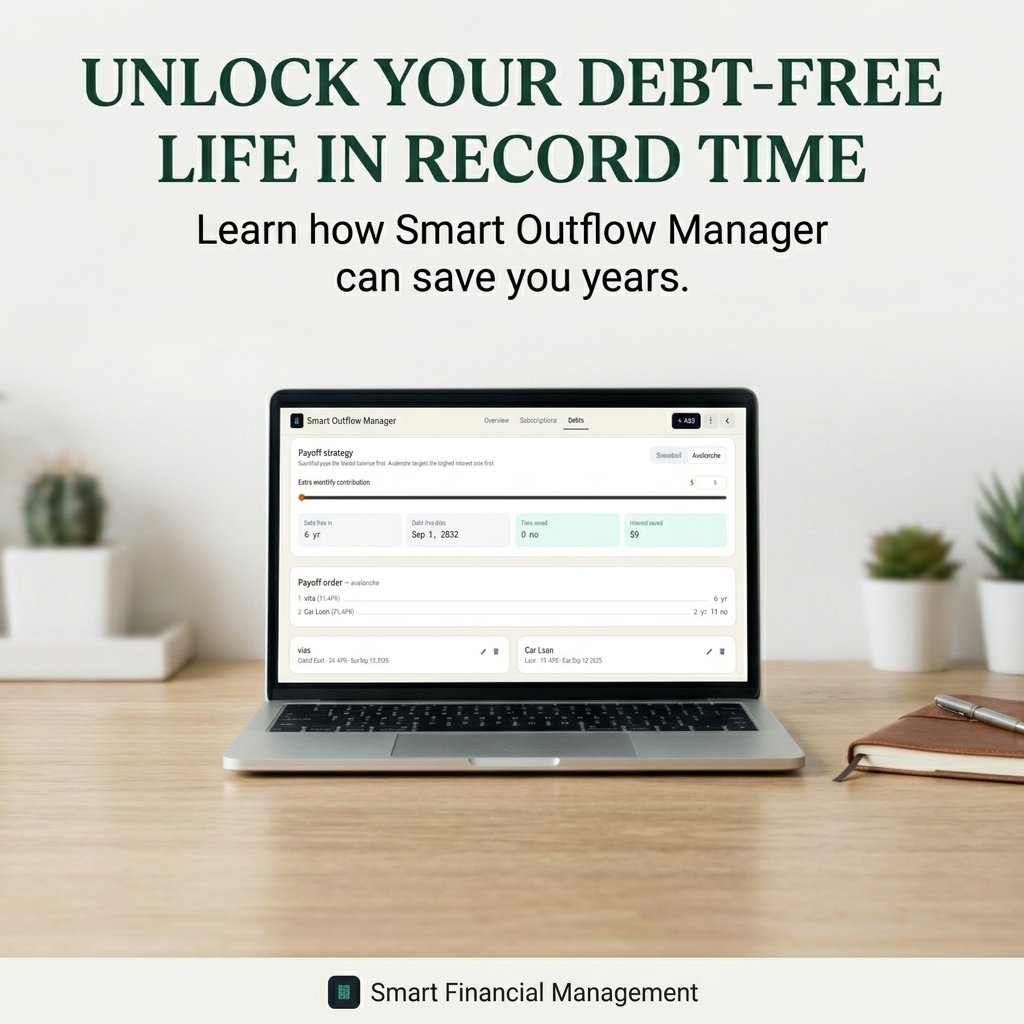 Laptop screen showing debt payoff strategy and avalanche order in the Smart Outflow Manager dashboard on a wooden desk.