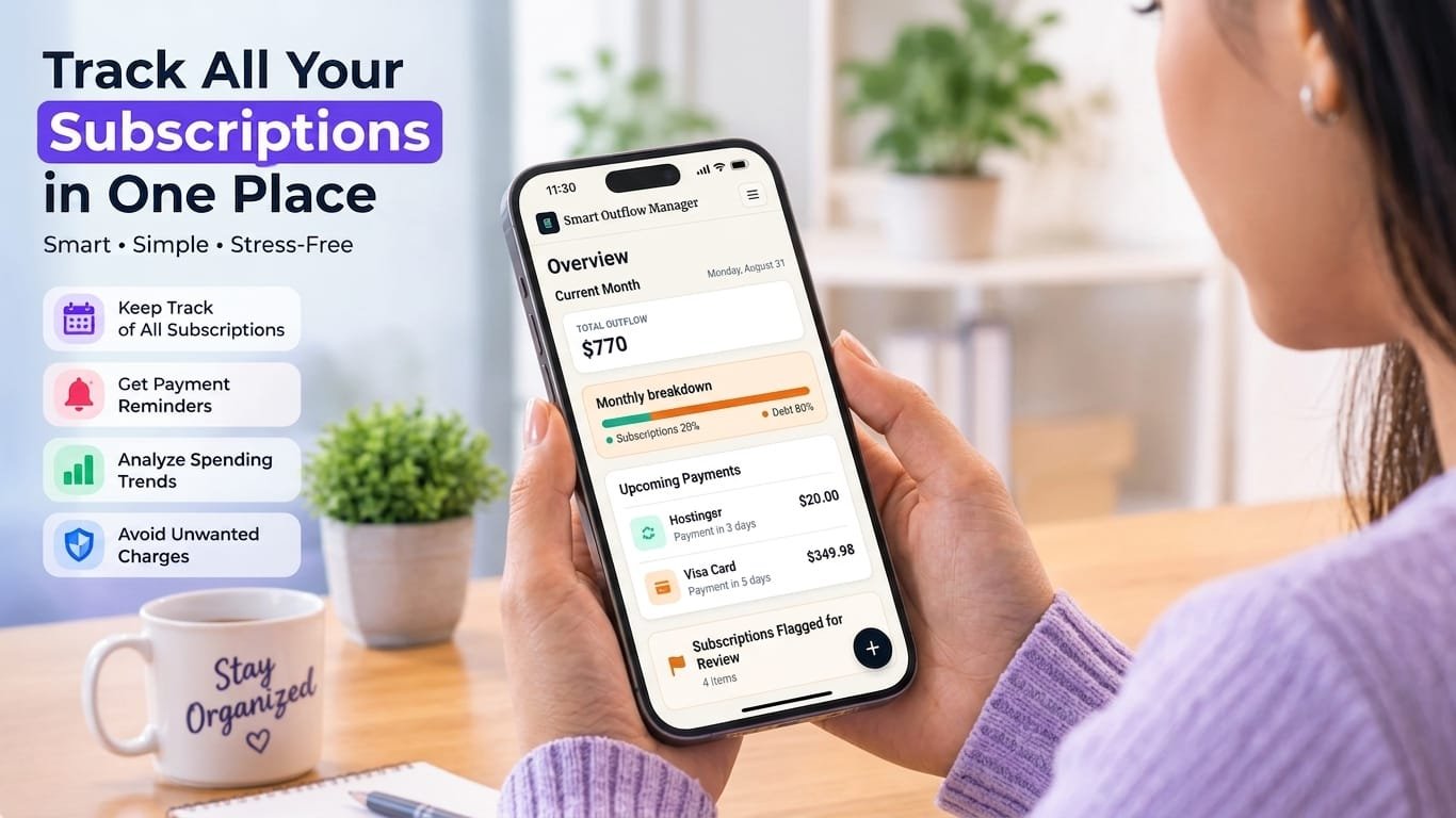 A woman holding a smartphone displaying the Smart Outflow Manager mobile app overview for tracking monthly subscriptions and upcoming payments.