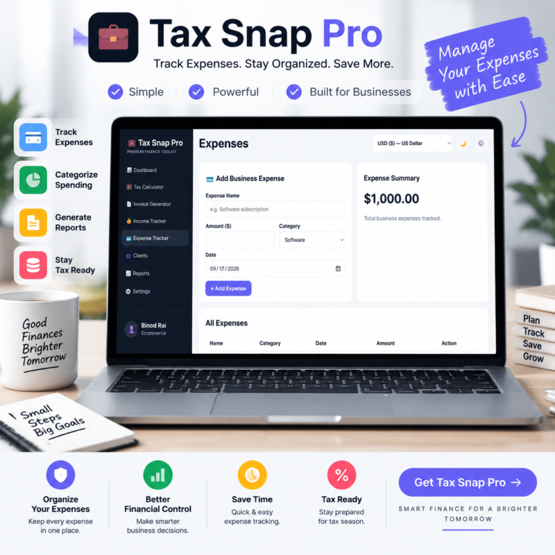 Tax Snap Pro expense tracker screen showing form fields to log business expenses, categorized spending, and expense summaries inside the freelancer tax calculator and invoice generator tool.
