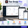 Tax Snap Pro invoice generator previewed on laptop, tablet, and smartphone displaying custom invoice creation and live PDF previews on a freelancer tax calculator and invoice generator tool.