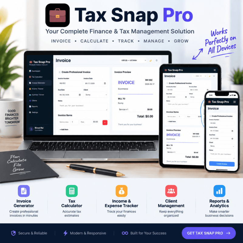 Tax Snap Pro invoice generator previewed on laptop, tablet, and smartphone displaying custom invoice creation and live PDF previews on a freelancer tax calculator and invoice generator tool.
