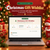 Laptop displaying the main dashboard of a free Christmas Gift Wishlist planner showing total gift ideas, budget tracker, and priority metrics surrounded by festive holiday decorations.