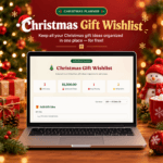 Laptop displaying the main dashboard of a free Christmas Gift Wishlist planner showing total gift ideas, budget tracker, and priority metrics surrounded by festive holiday decorations.