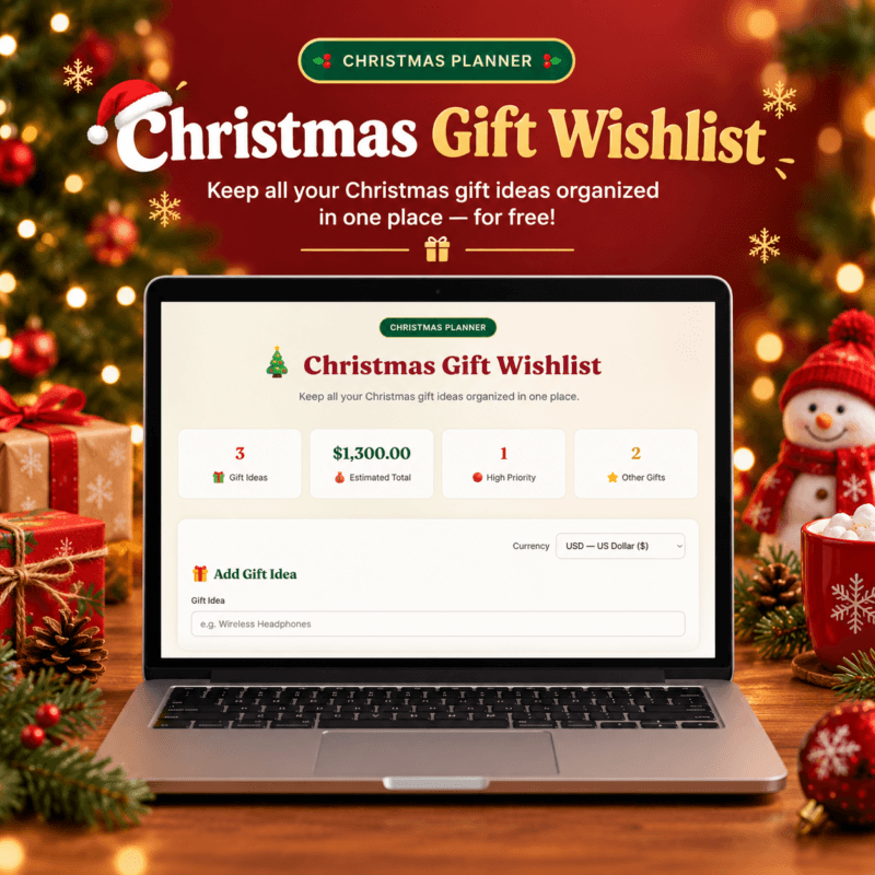 Laptop displaying the main dashboard of a free Christmas Gift Wishlist planner showing total gift ideas, budget tracker, and priority metrics surrounded by festive holiday decorations.