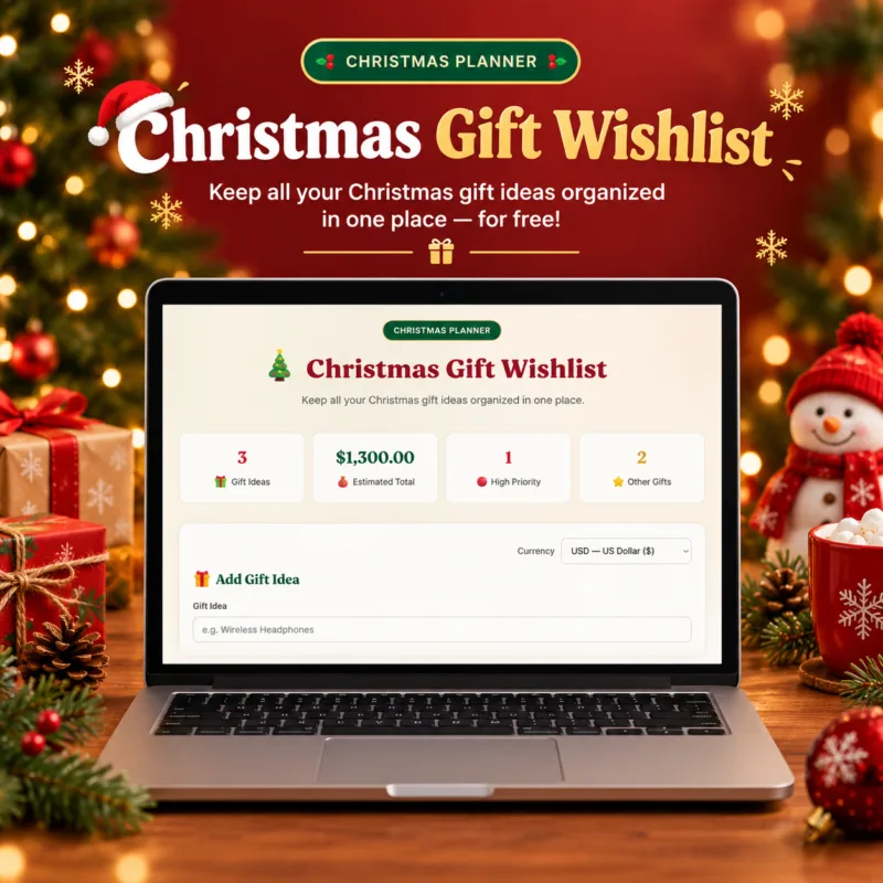 Laptop displaying the main dashboard of a free Christmas Gift Wishlist planner showing total gift ideas, budget tracker, and priority metrics surrounded by festive holiday decorations.