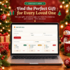 Laptop screen showcasing a Christmas gift planner interface with options to add gift ideas, set prices, assign priority levels, and track items like a bike, Christmas gift, or iPad for family members.