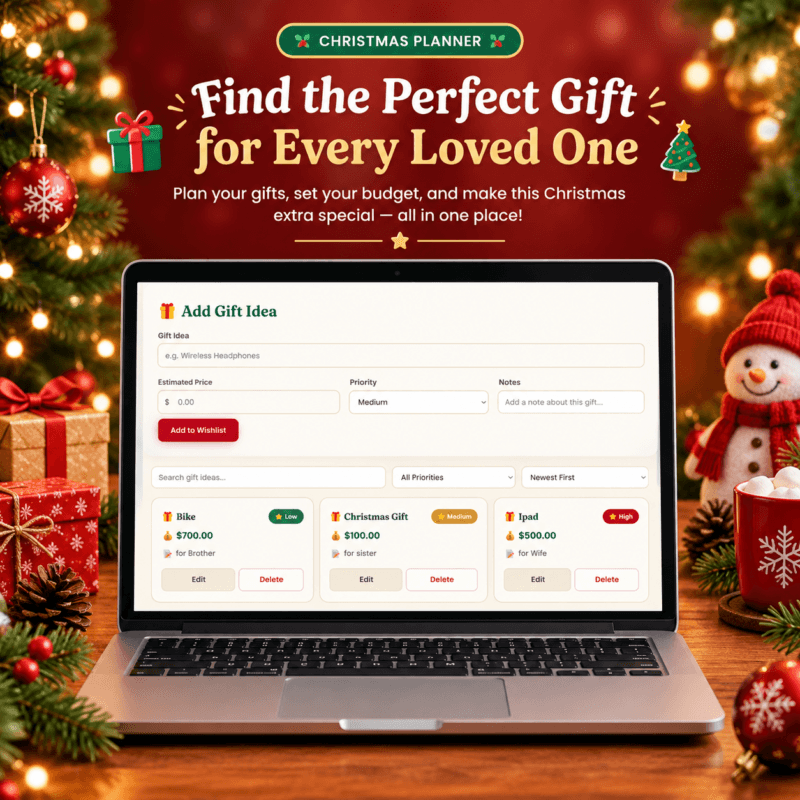Laptop screen showcasing a Christmas gift planner interface with options to add gift ideas, set prices, assign priority levels, and track items like a bike, Christmas gift, or iPad for family members.