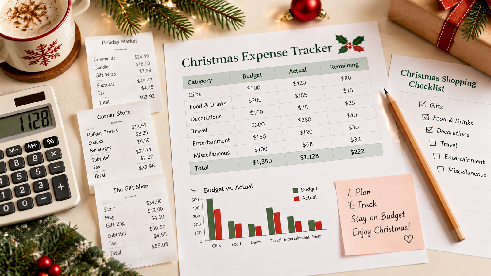 A tidy cream-colored desk featuring loose printed expense-tracking sheets, a basic calculator, a pencil, a few realistic shopping receipts, and subtle Christmas decorations such as evergreen sprigs and one red ornament.
