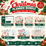 All-in-one Christmas Planner Bundle showcase display with 7 printable products and digital tools for holiday planning.