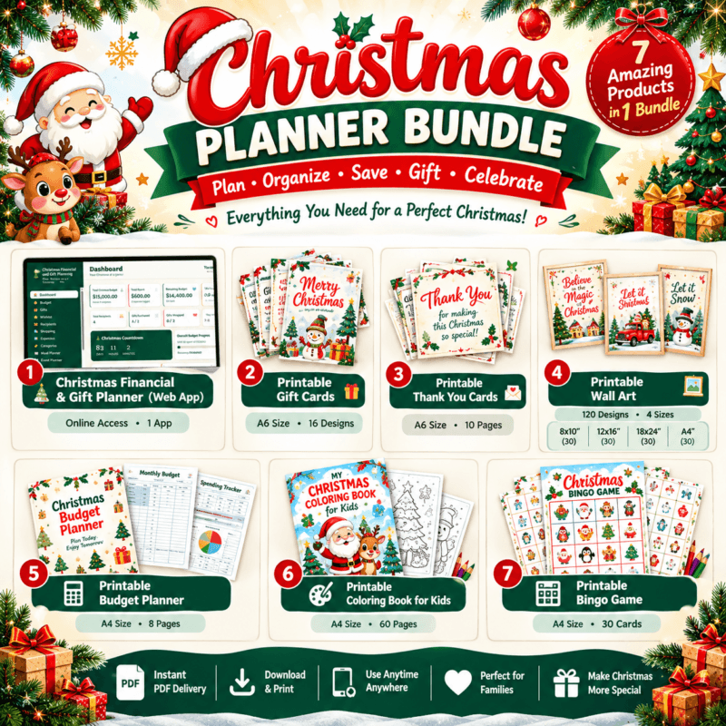 All-in-one Christmas Planner Bundle showcase display with 7 printable products and digital tools for holiday planning.