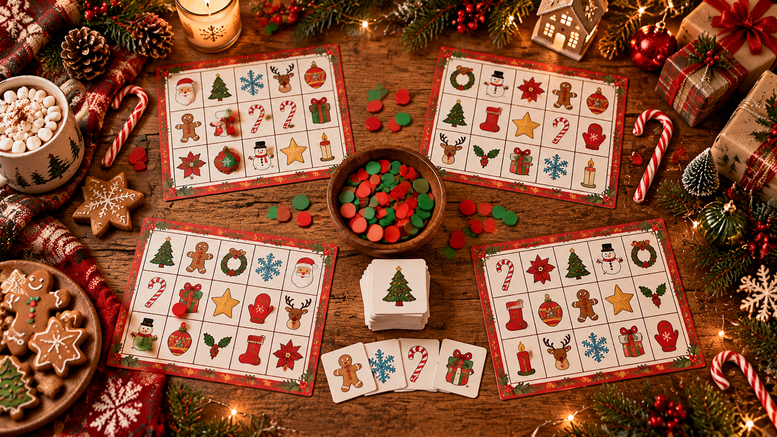 A beautiful overhead flat-lay of a Christmas bingo game ready to play, several different festive bingo cards arranged neatly on a cozy Christmas table, colorful bingo markers, Christmas calling cards, candy canes, small wrapped gifts, pine branches, red berries, Christmas ornaments and warm string lights, clear organized composition