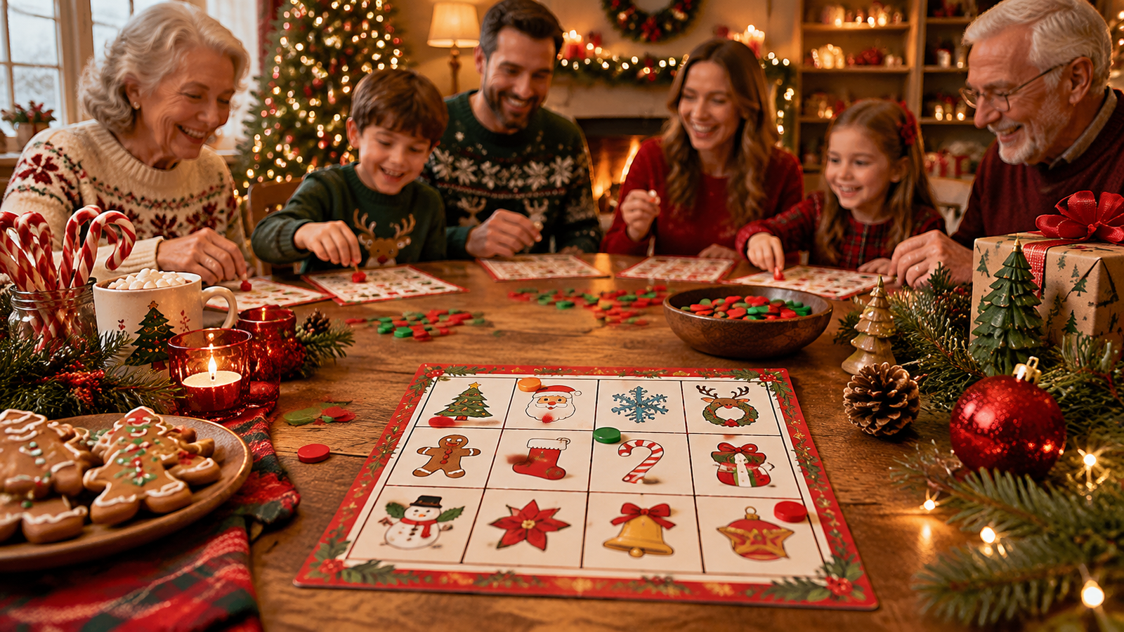A cozy, premium Christmas family game night scene featuring a beautifully designed Christmas bingo printable card on a festive wooden table, surrounded by red and green Christmas decorations, pine branches, warm fairy lights, candy canes, gingerbread cookies, small bingo markers,