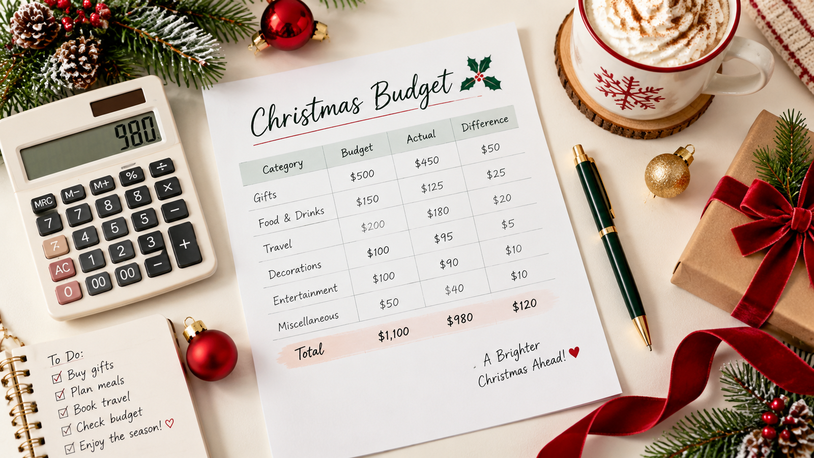 A clean cream-colored desk with a simple paper budgeting worksheet, calculator, elegant pen, a few small Christmas ornaments, evergreen sprigs, and a subtle red ribbon. The worksheet should visually suggest holiday spending categories such as gifts, food, travel, decorations, and entertainment, using simple headings and neat handwritten-style numbers.