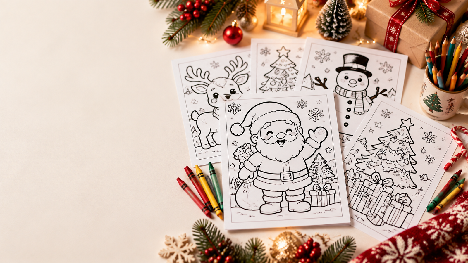A premium printable Christmas coloring book for kids displayed neatly on a bright festive desk, showing several black-and-white Christmas coloring pages with cute Santa, Christmas tree, reindeer, snowman, gifts, and ornaments.