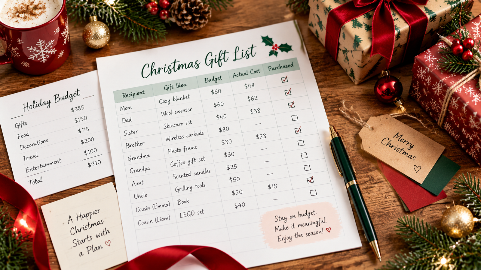 A few loose sheets of paper arranged neatly on a wooden desk. One sheet shows a simple gift checklist with columns for recipient, gift idea, budget, actual cost, and purchase status. Include a tasteful pen, small gift tags, red ribbon, two modestly wrapped Christmas presents, evergreen branches, and a few subtle gold and red ornaments.