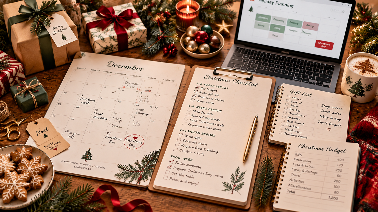 an organized holiday planning table showing several stages of Christmas preparation. Include a stylish monthly calendar, a Christmas checklist with boxes being checked, gift list and shopping notes, neatly wrapped presents, Christmas gift tags, a small budget notebook, Christmas decorations, pine branches, ornaments, ribbon, and a laptop displaying a simple holiday planning calendar with no readable brand names or logos.