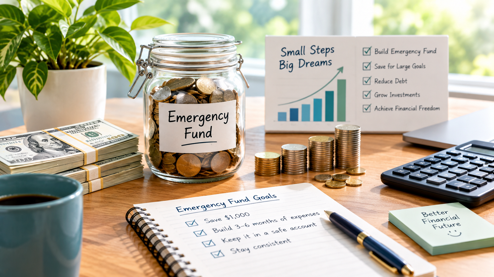 A premium personal finance editorial illustration focused on saving money and building an emergency fund, elegant glass savings jar filled with coins, neatly stacked banknotes, financial goal checklist, calculator and notebook on a modern wooden desk, subtle upward savings chart.