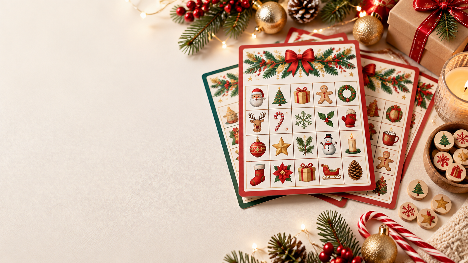 A premium product mockup showcasing a festive Christmas bingo printable PDF template, several beautifully designed bingo cards displayed neatly on a clean cream-colored table, one card slightly raised and clearly visible, surrounded by elegant Christmas decorations, pine branches, red berries, subtle gold ornaments, candy canes and a small wrapped gift, soft natural daylight combined with warm festive lighting, polished digital product photography, premium Etsy-style printable product presentation,