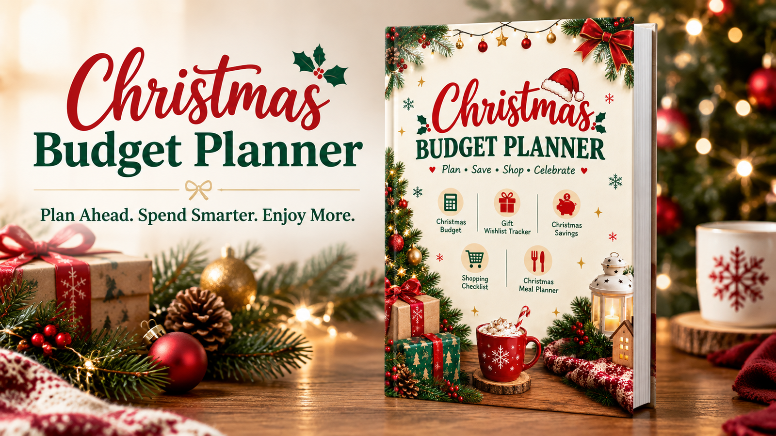 a cozy, elegant Christmas desktop scene with tasteful evergreen branches, a few red and gold ornaments, beautifully wrapped Christmas gifts, warm fairy lights, and soft natural-looking holiday lighting. Use a refined Christmas palette of deep evergreen green, festive red, warm cream, and subtle gold. Keep the background clean, sophisticated, and uncluttered.