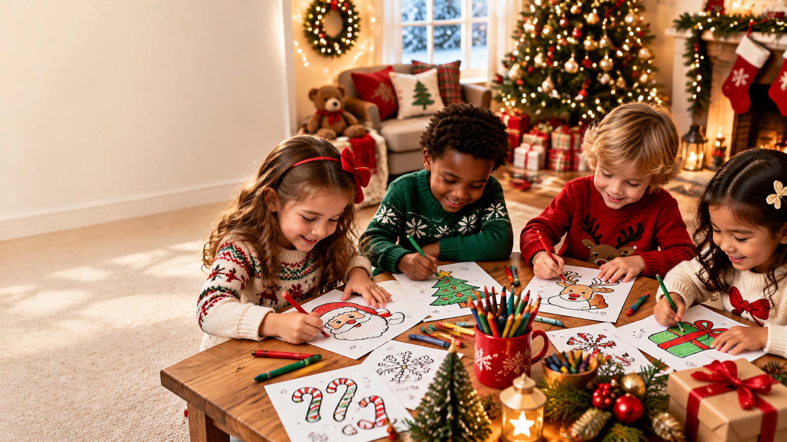 A cozy and cheerful Christmas coloring activity for children, featuring a diverse group of young kids sitting around a small table and coloring Christmas-themed pages with crayons and colored pencils. Include cute illustrations of Santa Claus, Christmas trees, snowflakes, candy canes, presents, and reindeer on the coloring pages.