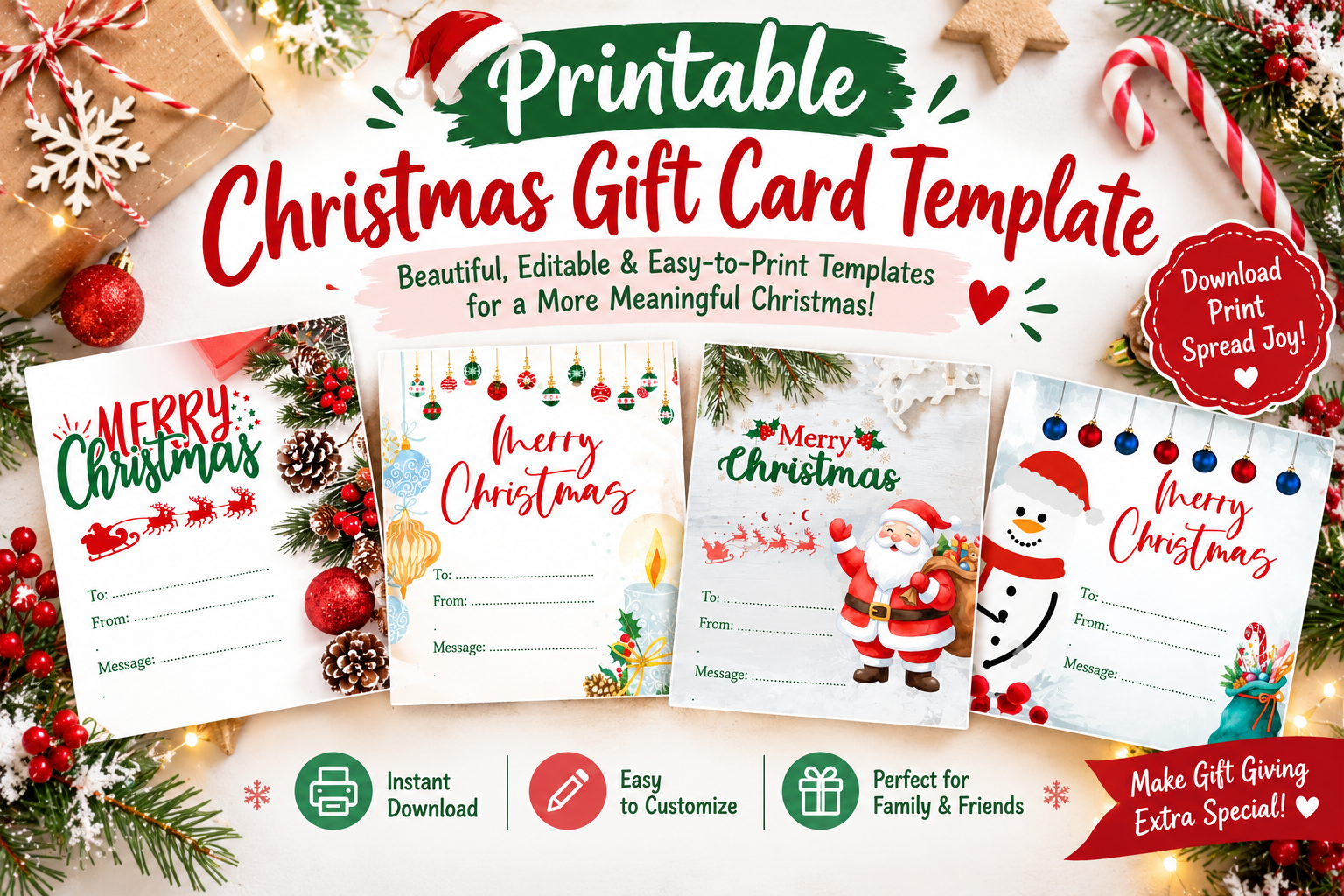 Printable Christmas Gift Card Template featuring four festive designs with Santa Claus, snowman, Christmas ornaments, and holiday decorations, perfect for personalized Christmas gifts.