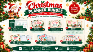 Christmas Planner Bundle featuring 7 festive products, including a financial and gift planner, printable Christmas gift cards, thank-you cards, wall art, budget planner, kids’ coloring book, and Christmas bingo game.