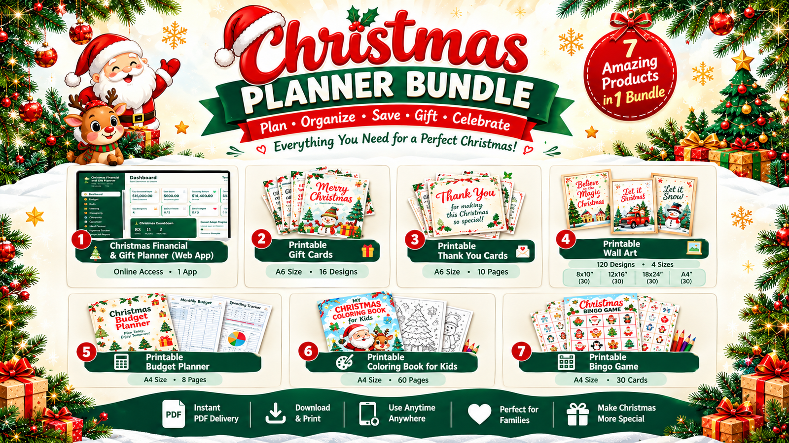Christmas Planner Bundle featuring 7 festive products, including a financial and gift planner, printable Christmas gift cards, thank-you cards, wall art, budget planner, kids’ coloring book, and Christmas bingo game.